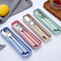 Wheat Straw Spoon Fork Chopstick 3PCS Cutlery Set Portable Travel Dinnerware Lunch Tableware With Box Kit Kitchen Accessories Flatware Sets