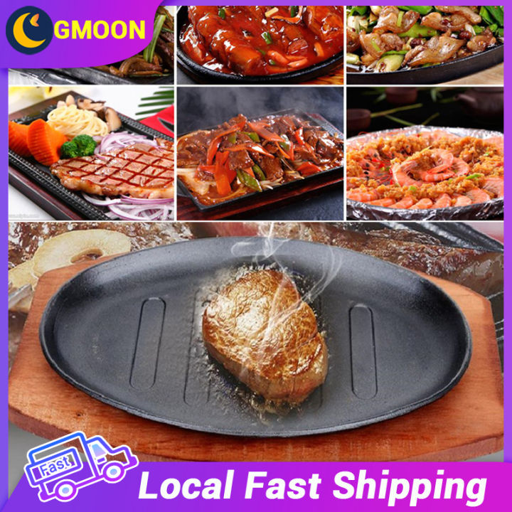 Round Shape Cast Iron Steak Plate Sizzle Griddle with Wooden Base Steak Pan  Grill Fajita Server Plate For Restaurant Supply Home and Kitchen Cooking