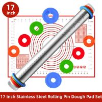 17inch Stainless Steel Rolling Pin With Dough Mat Dough Roller With 4 Removable Adjustable Thickness Ring Baking Rolling Rod Mat Bread  Cake Cookie Ac
