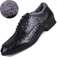 Winter fleece casual mens dress shoes genuine leather crocodile lace-up Italian stylist flat formal oxfords wedding shoe 38-50