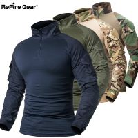 ReFire Gear Army Combat T shirt Men Long Sleeve Tactical T-Shirt Solid Cotton Military Shirt Man Navy Blue Hunt Airsoft T Shirts