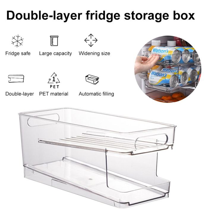 ใหม่2023-ตู้เย็นชั้นกระป๋องเครื่องดื่มกล่องเก็บของอัตโนมัติ-rolling-เบียร์โซดากระป๋องออแกไนเซอร์แร็คโปร่งใส-dispenser-bin
