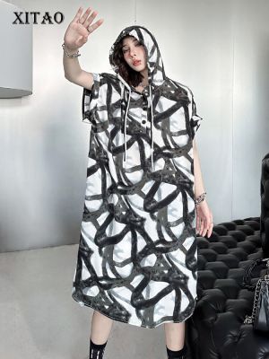 XITAO Dress Fashion Print Hooded Dress Causal Loose Women Summer