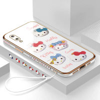 เคสโทรศัพท์สำหรับ Samsung Galaxy A02/M02ฟรีสายคล้อง + การ์ตูนน่ารัก Hello Kitty สำหรับสาวขอบสี่เหลี่ยมรูปแบบปลอกชุบเคสโทรศัพท์หรูหรานุ่มเคสโทรศัพท์