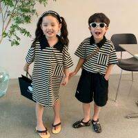 Children Clothes Brother and Sister Clothes 2023 Summer Casual Loose Boys Casual Polo Shirt Baby Girl Striped Dress 1-8Years