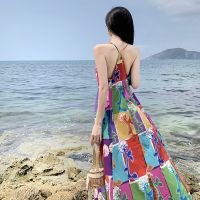 Novel flame rose oil painting posed word color print dress dress dress skirt with shoulder-straps