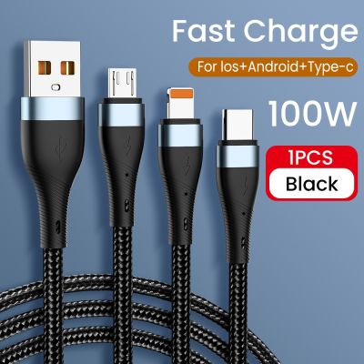 ชาร์จไฟรวดเร็วชาร์จไมโครชนิด3 In 1,100W 6A USB สำหรับ iPhone 12สำหรับ Huawei Xiaomi Samsung ไนลอนถักข้อมูล