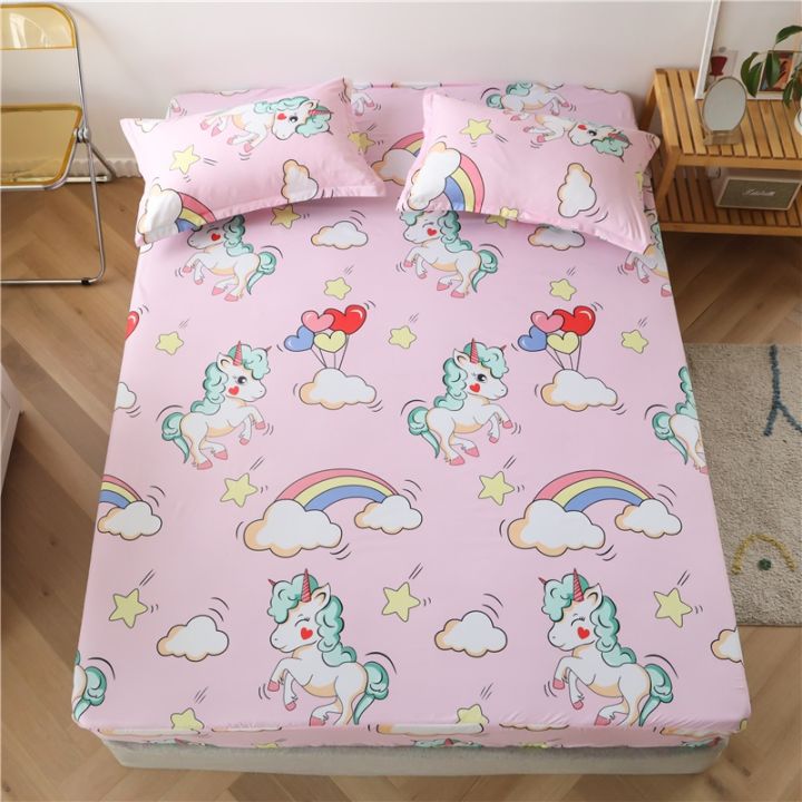 heureux-hot-sell-fitted-bedsheet-single-queen-king-size-cotton-fabric-pink-color-unicorn-pattern