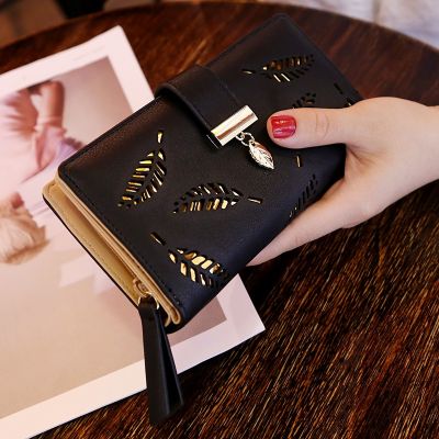 Womens Hollow Golden Leaf Buckle Wallet Female Long Zipper Coin Purses Ladies Multifunction Card Holder Clutch Money Bag