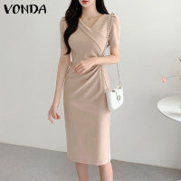 VONDA Women Casual V-Neck Short Sleeve Dresses Elegant Business Pleating Wrap Midi Dresses (เกาหลี Causal)