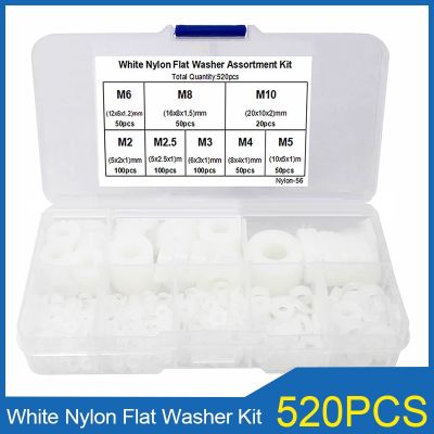 ☫ 520PCS M2 M2.5 M3 M4 M5 M6 M8 M10 White Nylon Flat Washer Set Plastic Plain Spacer Gasket O Ring Assortment Kit Box