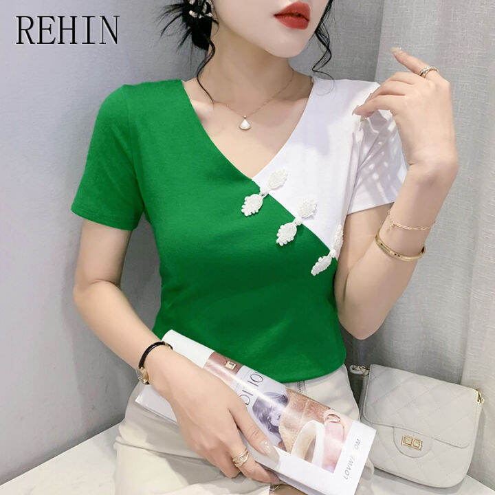 rehin-เสื้อผู้หญิงมาใหม่เสื้อยืดแขนสั้นประดับพลอยเทียมหลากสีตัดกันงานเย็บปะแฟชั่นกระดุมแบบย้อนยุค