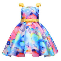 Summer Colorful Print Dress Girls New Bow Beaded Princess Dresses for Baby Girl Birthday Party Graduation Costumes Kids Clothing