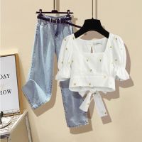 Large size womens clothing 2022 new summer suit female fat sister Western style small daisy shirt jeans two-piece set