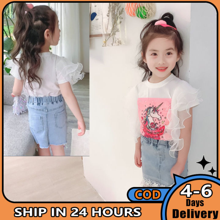 ซื้อ1แถม1ของขวัญฟรี-ชุดสูทเด็กผู้หญิง2ชิ้น-เซ็ตเสื้อท่อนบนลายลูกไม้ลายสัตว์-กระโปรงยีนส์ปักเลื่อมสำหรับเด็กอายุ3-8ขวบ