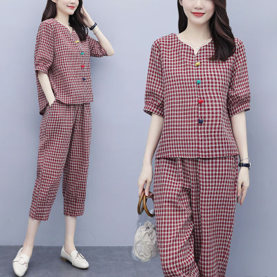 Summer Womens 2Pcs Plaid V-neck Blouse+Pants Office Lady Two Pieces Set Casual Fashion Tops And Ankle-length Trousers Sets