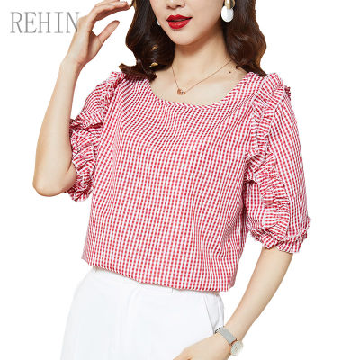 REHIN เสื้อชีฟองแขนสั้นลายสก๊อตสีชมพู,เสื้อคอกลมทรงสลิมฟิตวินเทจจับจีบเสื้อเวอร์ชันเกาหลีใหม่ที่มีเสน่ห์