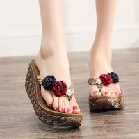 High Heel Women Wedge Non-Slip Outdoor Slipper Summer Beach Shoes Female Floral Flip-Flop Bohemian String Bead Lady Sandals