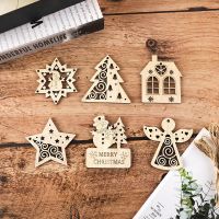 New Year 2023 Natural Wood Christmas Tree Ornament 2D Hanging Pendants Star Xmas Tree Snowflake Christmas Decoration For Navidad