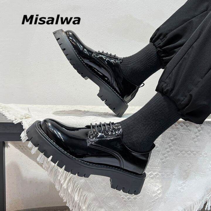 misalwa-รองเท้าหนังอ็อกฟอร์ดผู้ชายส้นกลางสำหรับผู้ชาย-รองเท้าสำนักงานสไตล์อังกฤษรองเท้าเป็นทางการเดรสมีเชือกผูกสีดำ