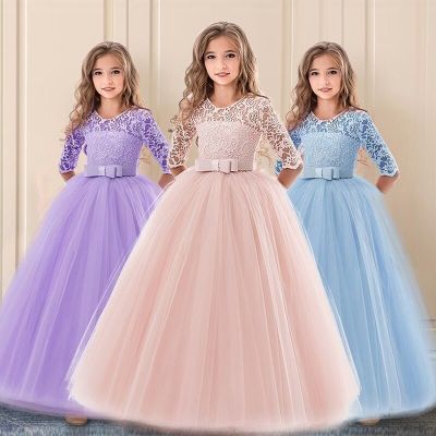 Vintage Flower Girl Princess Dress For Weddings Summer Kid Formal Bow Long Gown For School Evening Party Children New Year Cloth