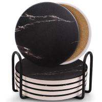 Coasters for Drinks, Ceramic Stone Coaster Set with Metal Holder Stand, Cork Base, Marble Surface Pattern Set of 6