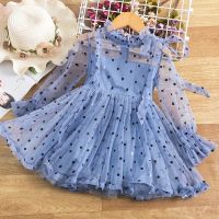 Kids Dress For Girls Spring Puff Long Sleeve Fairy Dresses Mesh Chiffon Polka Dots Summer 3 4 5 6 7 8 Years Children Clothes