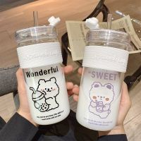 Glass cup cartoon cute animal pattern milk tea cup modern simple transparent straw casual cup student child girl heart gift Cups  Mugs Saucers