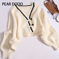 PEAR DODO เสื้อสเวตเตอร์ถักสั้นคอวีเกาหลีสำหรับผู้หญิง