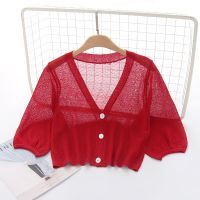 2021 Ice Silk Knit Cardigan Jacket Womens Thin Sunscreen Bl2021冰丝针织开衫外套女薄防晒罩衫泡泡袖上衣外搭空调衫