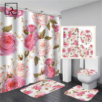 Pink Flowers Rose Elegant Printed Shower Curtain Set Waterproof Women Bathing Bathroom Pedestal Rug Lid Car Toilet Cover