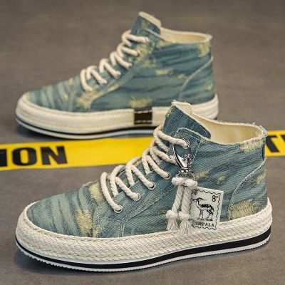 🏅 Canvas shoes mens 2023 new autumn breathable trend retro high-top sneakers mens all-match straw woven casual cloth shoes