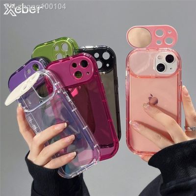 Invisible Fold Mirror Stand Holder Transparent Phone Case For iPhone 14 Pro Max 13 11 12 Pro XS Max Candy Color Protection Cover
