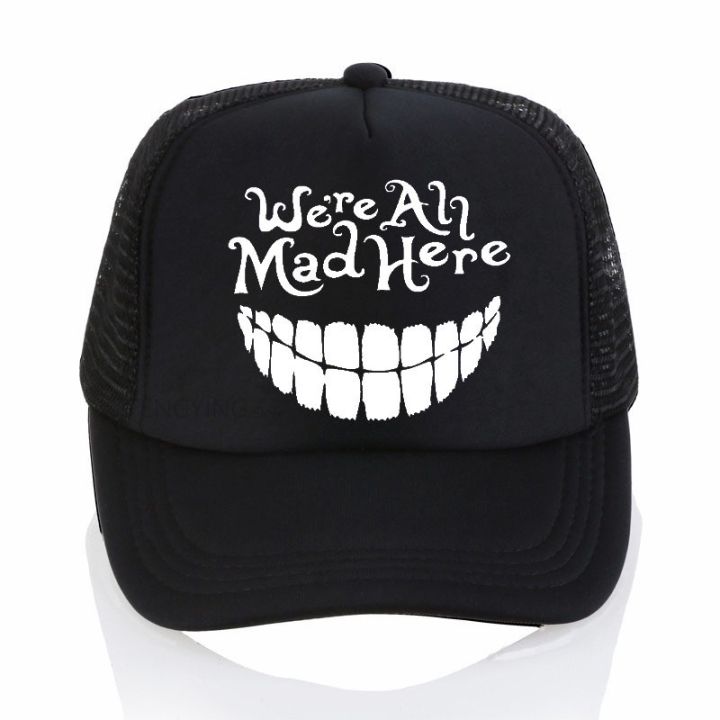 in-stock-were-all-mad-here-cheshire-cat-alice-in-wonder-baseball-cap-summer-mesh-trucker-hats