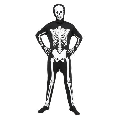 ผู้ชายโครงกระดูกJumpsuitฮาโลวีนเครื่องแต่งกายส่องสว่างกะโหลกผิวเต็มร่างกายTights Suit