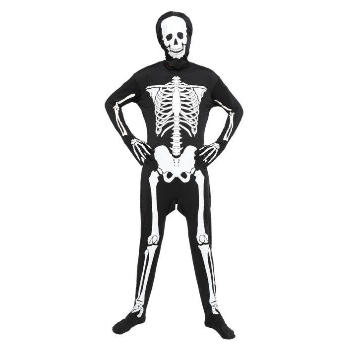 Boys Punk Skeleton Costume All in One Jumpsuit with Hooded Mask