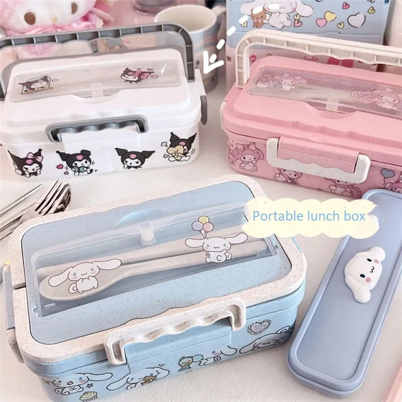 Kawaii My Melody Cinnamoroll Kuromi Large Capacity Portable Lunch Box Anime  Sanrioed Girl Heart Bento Box with Cutlery Student