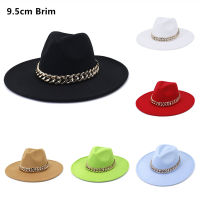 ผู้หญิง Fedora หมวกที่มีห่วงโซ่9.5เซนติเมตรขนาดใหญ่ปีกกว้างทำด้วยผ้าขนสัตว์แจ๊สทำด้วยผ้าขนสัตว์ Fedora หมวกผู้ชายแฟชั่นปานามาหมวกหมวกแต่งงาน