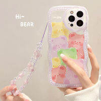 Apple เคสโทรศัพท์ซิลิโคนใสพร้อมเชือกเอนกประสงค์สีม่วง,ลายการ์ตูนและสีลูกอมหมีเคสโทรศัพท์ iPhone 14/13/12/11/X/x/x/xr