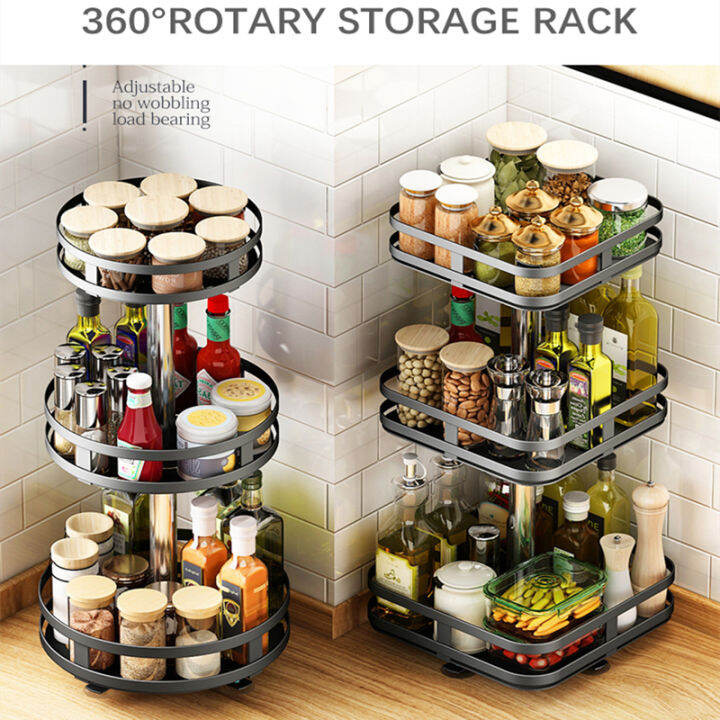 360° Rotatable Kitchen Spice Rack Black Metal Countertop Rotating Rack ...