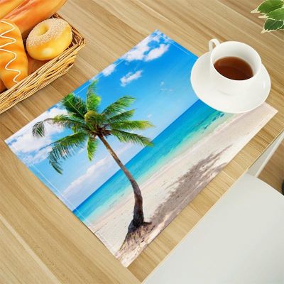 【CC】❖  Beach Landscape Trees Print Dining Table Mats Alphabet Placemat 30X40cm Coasters Bowl Cup