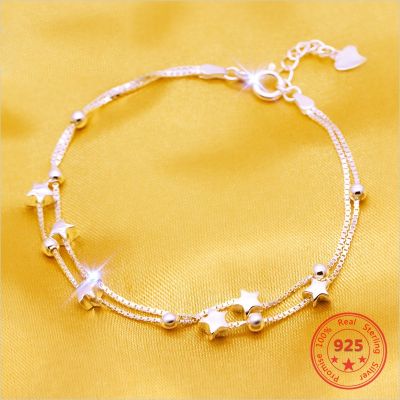 【CW】 Japan South Korea  39;s Latest Sterling Ladies five Pointed Star Layer Trend Small Round Bead Chain