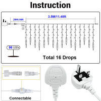 UK Plug Christmas Icicle Lights 8 Modes Window Curtain Fairy Lights 16 Drops Outdoor Decoration Ice Piton Pendant Garland Lights