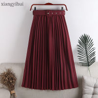 Wine Red Pleated Skirt Women Ladies Winter Elegant Temperament Knee-length Skirt Casual High Waist Sashes Green Black Skirts