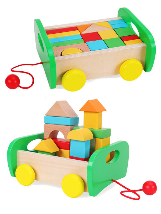 ตัวต่อเกมสร้างบล็อคไม้สำหรับเด็กรูปร่างความรู้ความเข้าใจเด็กแบบ-diy-รถพ่วงซ้อนของเล่นอาคารรถบล็อก