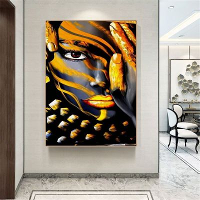 สาวแอฟริกัน Portrait Art โปสเตอร์พิมพ์ทองและสีดำชาติพันธุ์ผู้หญิง Wall Art ภาพภาพวาดผ้าใบห้องนั่งเล่นตกแต่งบ้าน New
