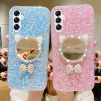 เคสโทรศัพท์ A54 Samsung มีเลื่อม5G A34 5G เคสซิลิโคนอ่อนดีไซน์สวย Galaxy A54 5G A34 5G ฝาครอบโทรศัพท์พร้อมกระจกหูฟังลายแมวน่ารัก