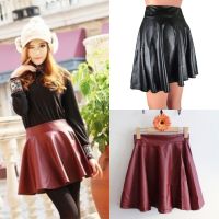 Mode Shop Women Fashion High Waist Skater Mini Skirt PU Leather Plain Flared Pleated Skirt