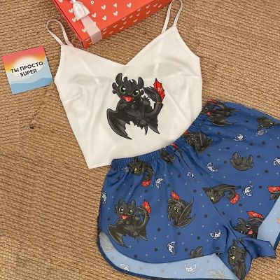 【JH】Silk Satin Pajamas Womens Summer Sleeveless Top and Short pants Sleepwear Two Piece Set Nightdress Cartoon Print Home Clothing