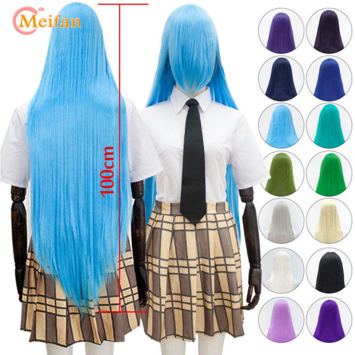 meifan-100เซนติเมตรสังเคราะห์คอสเพลย์อะนิเมะเครื่องแต่งกายวิกผมสีบลอนด์สีฟ้าสีแดงสีชมพูสีม่วงผมสำหรับพรรคยาวตรงคอสเพลย์วิกผมสำหรับผู้หญิง